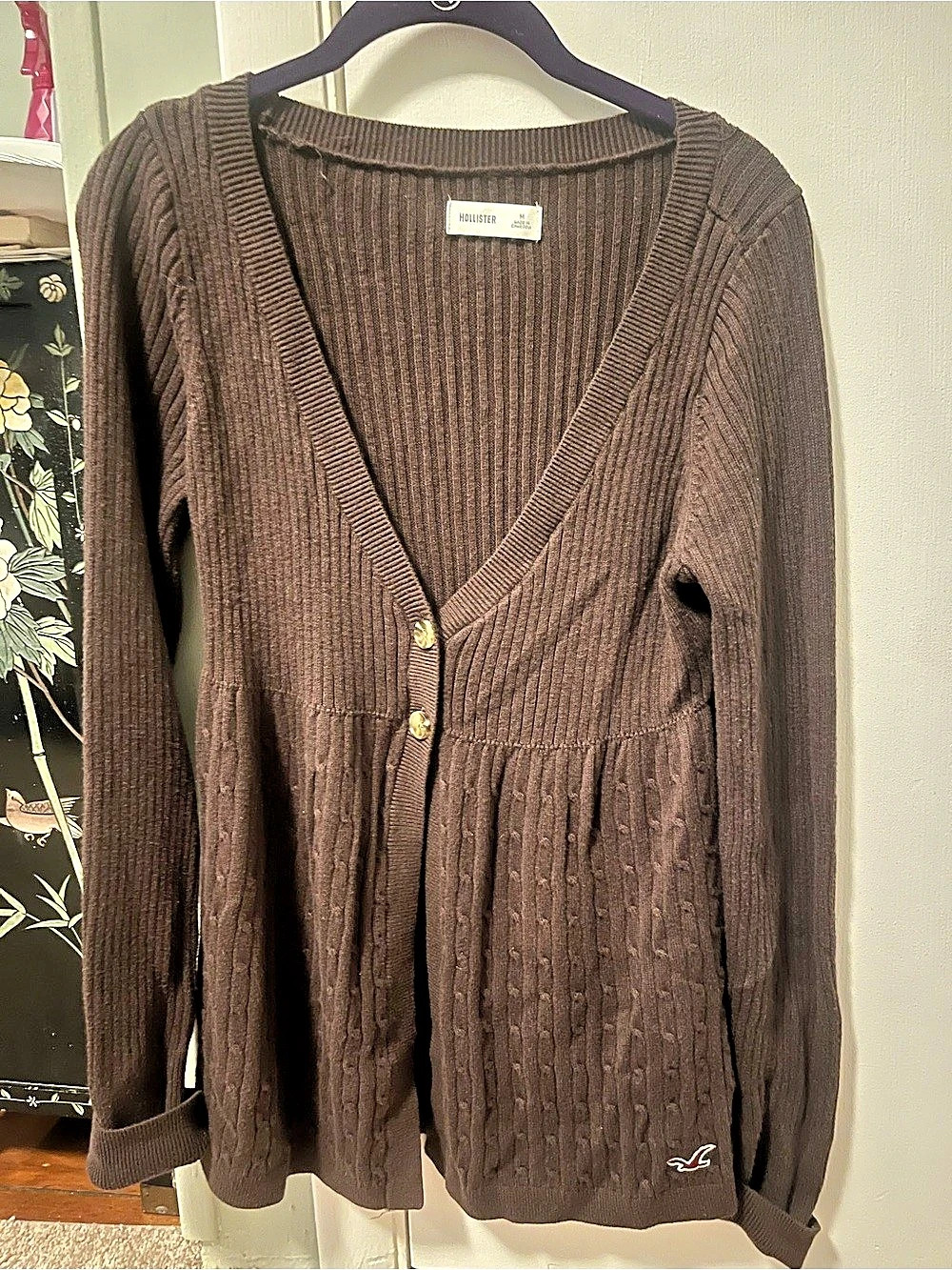 Hollister Cable Knit Button-Up Babydoll Cardigan Brown med